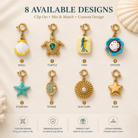 Clip-on enamel beach charms attached to a white bikini string for water-resistant resort wear accessorizing.