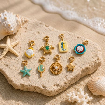 Custom beach charm collection with JR Fashion Accessories OEM ODM boxes, velvet pouches, and branded display cards.