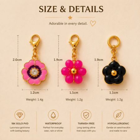 Size and details guide for flower clip-on charms, providing precise dimensions and weights for B2B sourcing buyers.