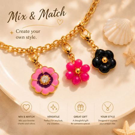 Mix and match flower clip-on charms on a gold chain, highlighting customizable jewelry options for OEM ODM brands.