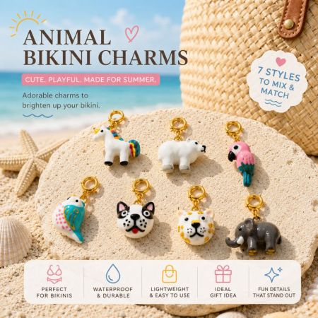 Waterproof and lightweight animal bikini charms displayed on a rock by the ocean, highlighting beach-ready retail accessories.