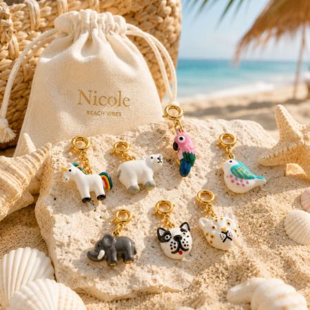 Private label gold-plated enamel animal charms on beach sand, showcasing high-quality finishes for B2B procurement sourcing.