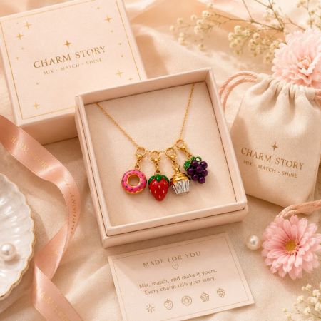 Cuatro encantos de temática dulce en un collar de cadena dorada en una caja de regalo de marca privada, ideal para servicio de empaquetado premium.