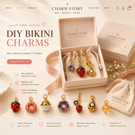 Diseño de sitio web de comercio electrónico B2B que presenta encantos de bikini DIY y empaquetado de caja de regalo premium para abastecimiento de joyería.