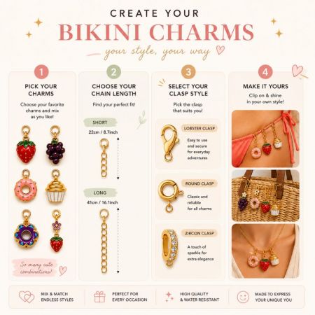 Guía infográfica para encantos de bikini personalizados, detallando longitudes de cadena y opciones de cierre de langosta, redondo o de circonio.