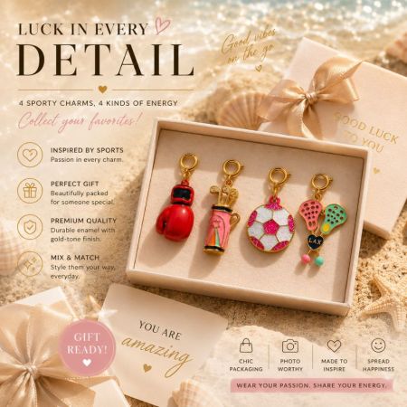 Imagem de marketing de produto B2B para charms de esmalte esportivos com acabamentos em tom de ouro, ideal para fabricação de marcas personalizadas.