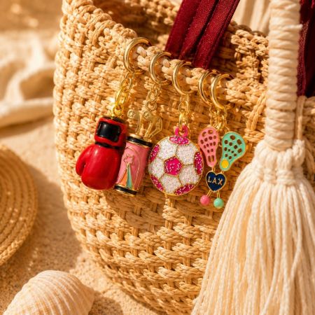 Quatro clipes de charms esportivos coloridos aplicados a uma bolsa de palha trançada, exibindo aplicações de hardware de acessórios prontas para o varejo.
