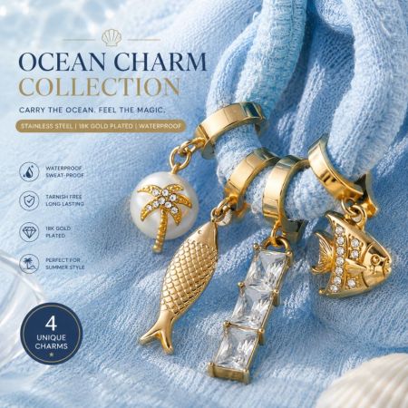 Maillot de bain avec charms - Collection de charms océaniques en or 18k plaqué étanche avec des motifs de poisson et de palmier, idéale pour les lignes de bijoux d'été en gros.