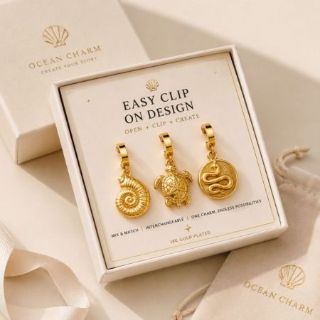 Juego de charms de joyería de clip fácil en una caja de regalo de marca, destacando el potencial comercial para marcas de retail de etiqueta privada.