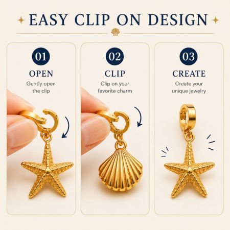Guía visual infográfica de tres pasos que demuestra cómo usar el mecanismo de clip de joyería de oro intercambiable.