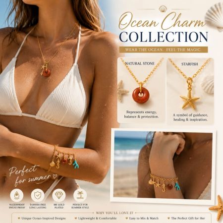 Modelo usando un collar de piedra natural y una pulsera de múltiples charms, ilustrando aplicaciones de comercialización de catálogo de estilo de vida de verano.