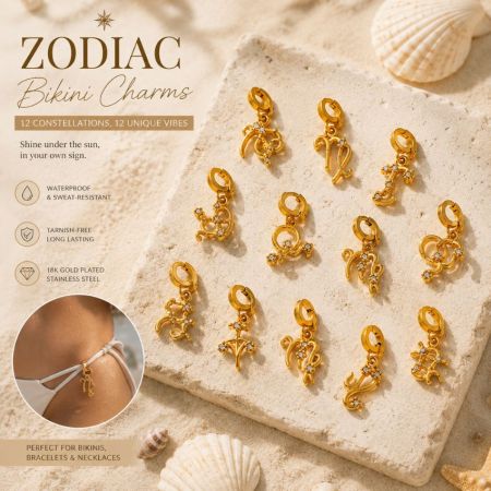 Guide infographique illustrant plusieurs façons de styliser et de porter un accessoire de charm clip-on représentant un signe du zodiaque en or.