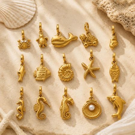 Disposición en cuadrícula de quince colgantes personalizados de animales marinos de oro sobre una superficie de piedra, ideal para proveedores B2B de encantos de trajes de baño.