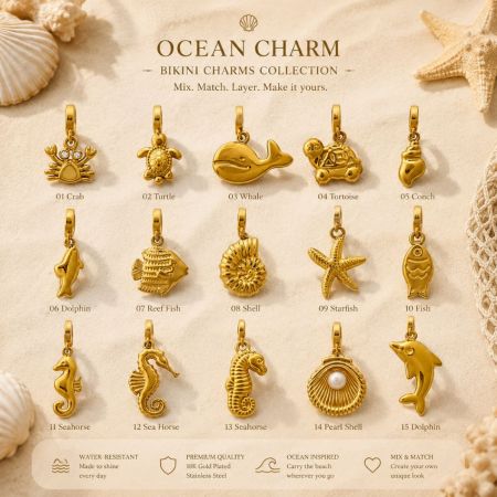 Hoja de catálogo de productos para encantos de bikini de acero inoxidable chapado en oro de 18K, mostrando formas inspiradas en el océano resistentes al agua.