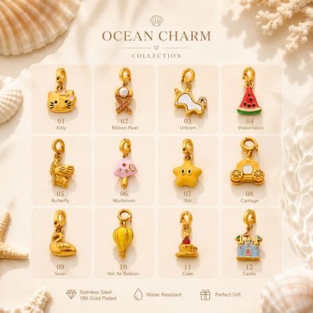 Muestra de catálogo de doce encantos de esmalte de acero inoxidable que incluyen formas de unicornio y mariposa para compradores B2B.