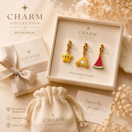 Embalaje de set de regalo de lujo que presenta encantos de joyería de esmalte personalizados con bolsas de marca para proveedores minoristas.