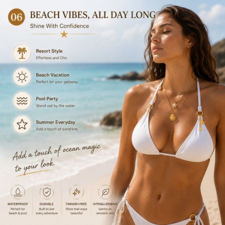 Charms Clip - Waterproof 18k gold PVD beach vacation bikini charms on model, ideal for resort wear branding.