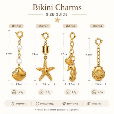 Bikini charms size guide for 18k gold PVD waterproof styles, providing jewelry sourcing specifications.