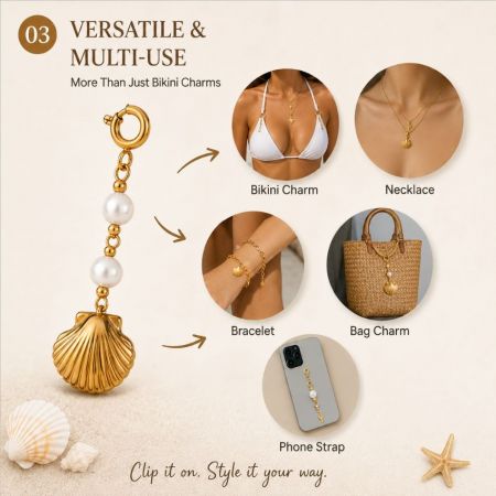 Multi-use gold shell charm applied to bikini, necklace, bracelet, handbag, and phone strap.