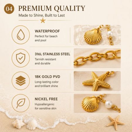 Premium 316L stainless steel jewelry materials featuring 18K gold PVD and nickel-free properties.