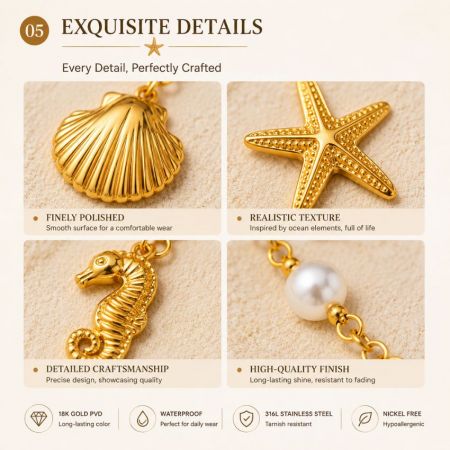 Detailed craftsmanship of finely polished shell, starfish, seahorse, and pearl charms for B2B sourcing.