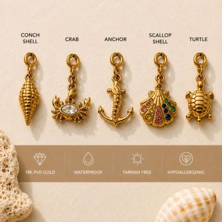 Multi-functional clip-in charms for bags, necklaces, bracelets, phone straps, and clothing straps.