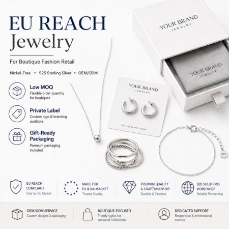Private label EU REACH compliant sterling silver minimalist jewelry collection with custom branded gift packaging.