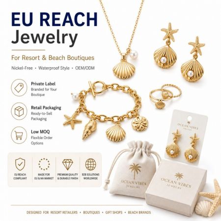 Gold ocean-themed charm bracelet and shell necklace set for resort boutiques, featuring EU REACH compliance.