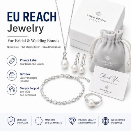 EU REACH compliant 925 silver pearl bridal jewelry set with custom private label gift box and thank you card.