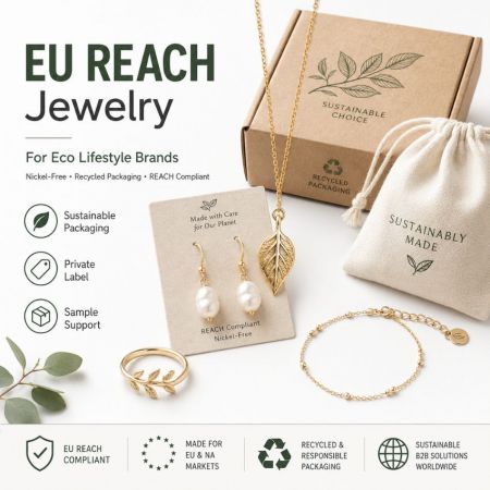 Eco-friendly gold leaf necklace and pearl earrings in sustainable recycled packaging for eco lifestyle brands.