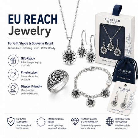 Retail-ready 925 silver sunflower jewelry collection with display cards and branded pouches for gift shops.