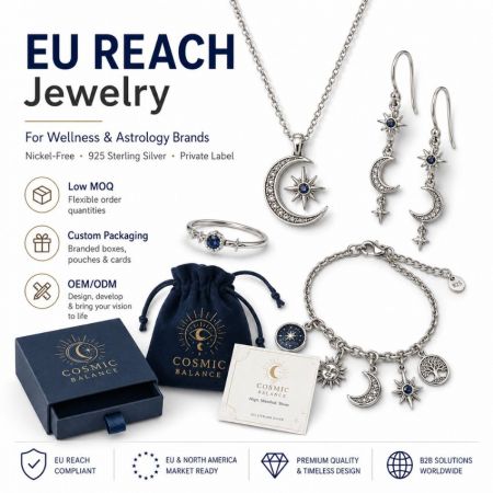 Celestial moon and star sterling silver jewelry set with custom Cosmic Balance branded boxes for wellness brands.