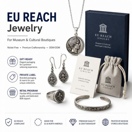 Antique style engraved coin necklace and fleur-de-lis ring set for museum and cultural boutique wholesale.