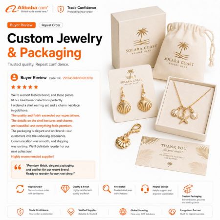 Five-star Alibaba review for gold resort shell jewelry with custom branded gift boxes and pouches.