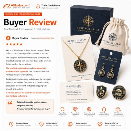 Museum shop buyer review praising high-end heritage compass necklaces and custom enamel crest pins.