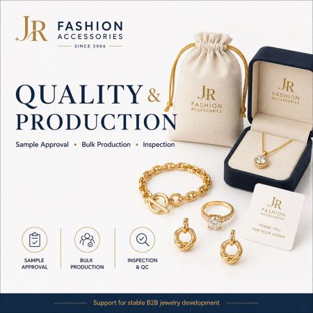 B2B jewelry development workflow highlighting sample approval, quality control, and bulk production steps.
