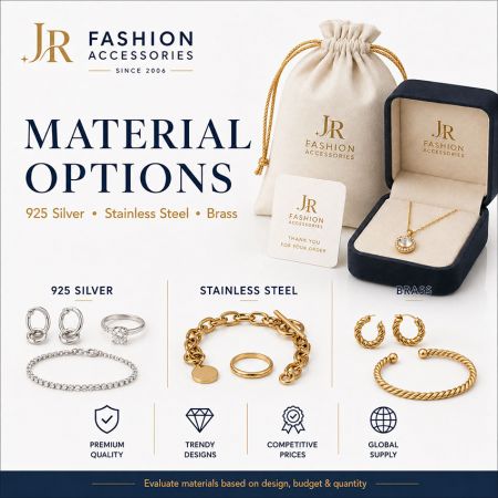 Wholesale jewelry material options comparing premium 925 silver, stainless steel, and brass designs.