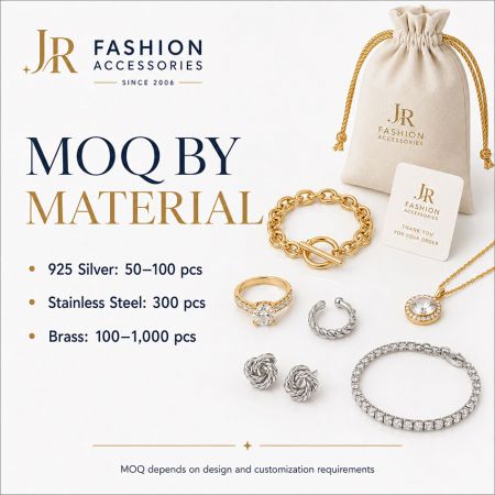 Minimum order quantity (MOQ) specifications by material for wholesale 925 silver, stainless steel, and brass jewelry.