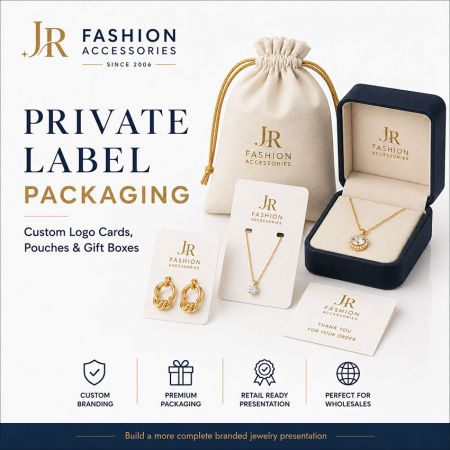 Private label packaging solutions including custom logo earring cards, velvet pouches, and elegant gift boxes.