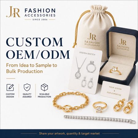 Custom OEM/ODM jewelry manufacturing service display showing design sketches alongside finished gold sample pieces.