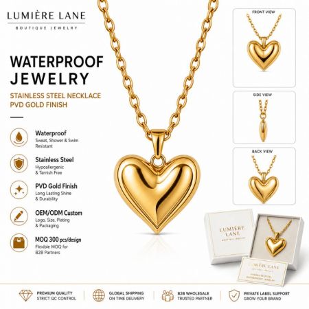 Lumiere Lane tarnish-free stainless steel heart pendant necklace with private label packaging options for B2B.
