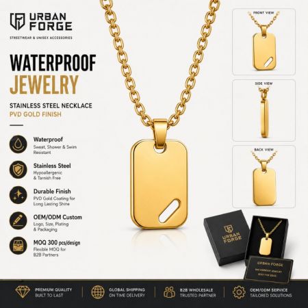 Urban Forge streetwear style waterproof gold dog tag pendant necklace with custom logo branding options for wholesale.