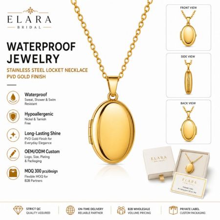 Elara Bridal tarnish-free gold PVD stainless steel locket necklace with customized gift box presentation for B2B.