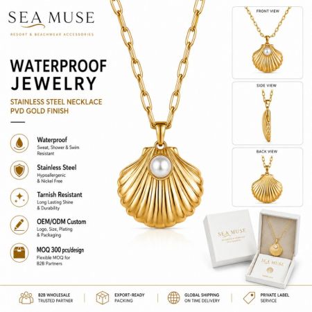 Sea Muse resort style gold seashell pearl pendant necklace with export-ready packaging for global shipping.