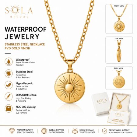 Sola Ritual wholesale hypoallergenic gold sun medallion necklace featuring private label branding support for buyers.