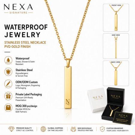 Nexa Signature B2B custom monogram engraved gold bar pendant necklace with luxury gift-ready packaging options.