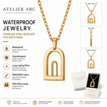 Atelier Arc museum design gold arch pendant necklace made of waterproof stainless steel for private label jewelry brands.