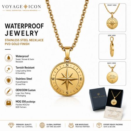 Voyage Icon B2B wholesale compass engraved gold medallion necklace with custom jewelry boxes and secure global shipping.