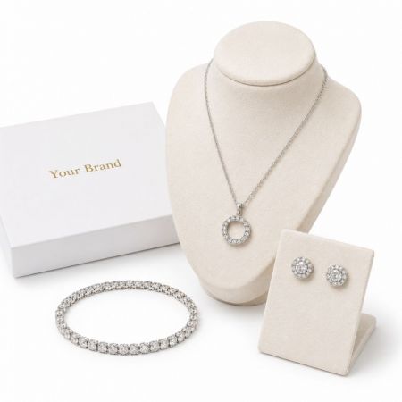 Silver CZ halo necklace, earrings, and tennis bracelet sets for private label jewelry brands and wholesale.