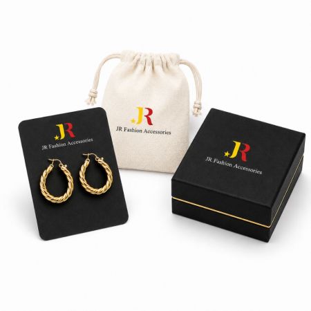 Gold twisted hoop earrings with custom branded packaging. Ideal for B2B white label jewelry wholesale and OEM dropshipping.